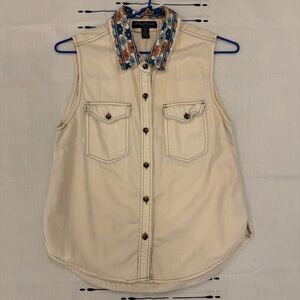 Streetwear Society Cream Button-Up Top with Blue and Orange Trim